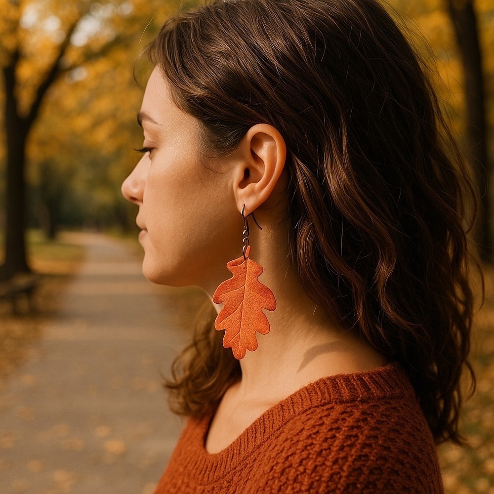 Custom made leather LEAF shaped pierced french hook earrings lightweight